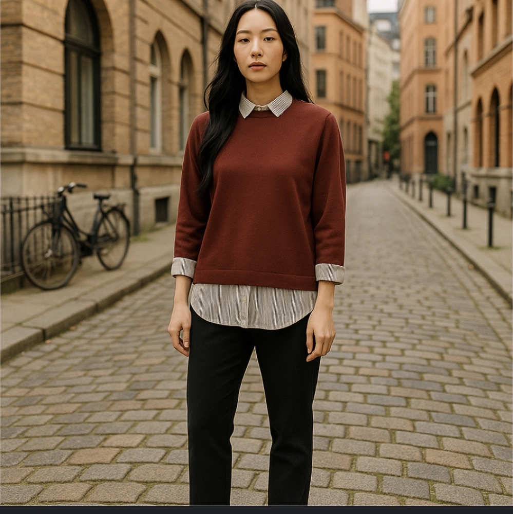 She and Sky All-In-One Burgundy & Striped Long Sleeve Blouse